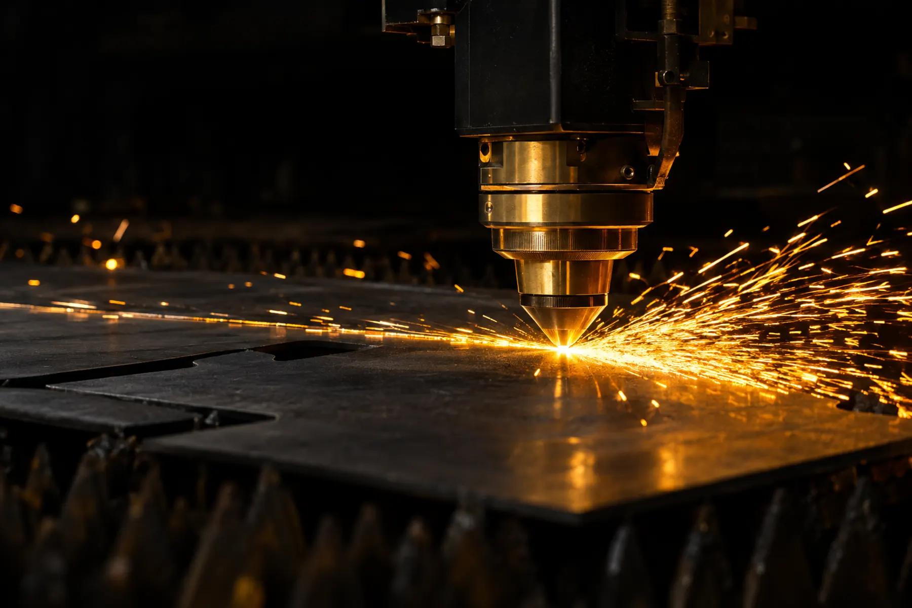 Laser head cutting a carbon steel plate