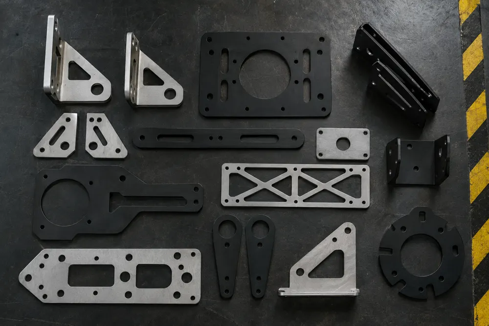 Laser-cut aluminum and steel brackets and plates on a workbench